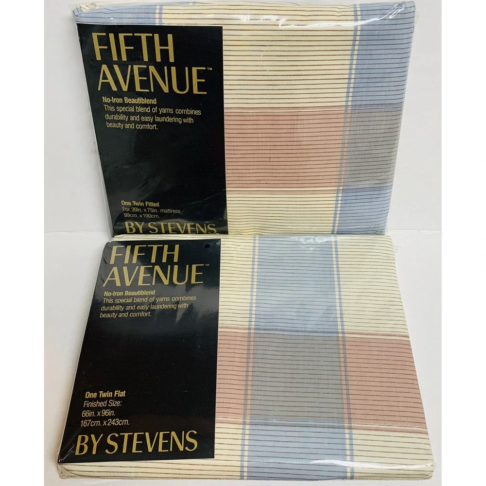 Vintage Fifth Ave Stevens No Iron Twin Flat & Fitted Sheet Set Retro NOS NEW
